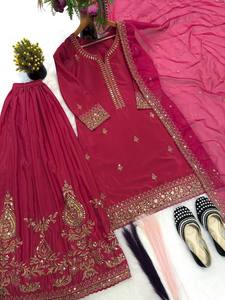 New Trending <b>Red</b> <b>Silk</b> Top-Sharara Dupatta Set Embroidery Sequins Work Fully Stitched Ready Wear Diwali Party Premium Dress - Product Image 4