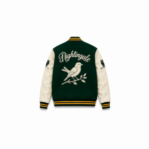 Veste universitaire Nightingale verte avec manches crème, logo oiseau brodé, style preppy, pour l'automne, coupe classique pour homme, fermeture boutonnée - Product Image 2