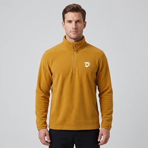 Dumela Men's Mustard Fleece <b>Quarter</b> <b>Zip</b> Pullover With <b>White</b> Logo Front Print Regular Fit Casual Autumn Wear - Product Image 3