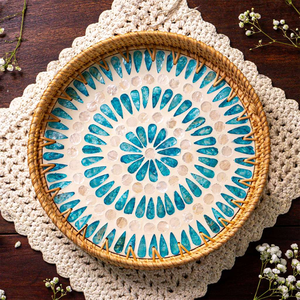 Round Mother Of Pearl Rattan <b>Storage</b> <b>Tray</b> with Fish and leafy Pattern for living room wedding decor etc - Product Image 4