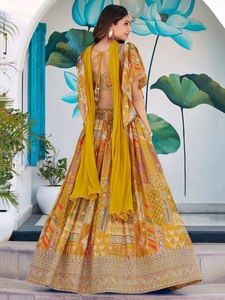 Yellow Glitter Print Indian Pakistani Cotton Silk <b>Reversible</b> Lehenga Choli Printed <b>Dress</b> Blouse Skirt Wedding Festival Wear - Product Image 4