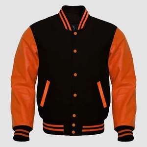 Men's Black Varsity Jacket Orange PU Leather Sleeves Turn-down Collar <b>Covered</b> <b>Button</b> Closure Front OEM Service Casual Autumn - Product Image 1