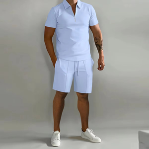 Men's Solid Blue Polo T-Shirt and Shorts <b>Set</b> Casual Summer Wear Quarter-Zip <b>Knitted</b> Breathable Outfit - Product Image 5