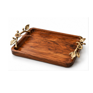 Plateau de rangement rectangulaire en bois avec poignées en laiton, finition polie, design minimaliste, multifonction, compatible lave-vaisselle, utilisation au sol ou sur table - Product Image 1