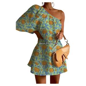 Vestido de Verano para Mujer, Corto, de Fiesta, con un Hombro Descubierto y Manga Abullonada, Sexy, de Algodón, con Estampado a Mano, ¡Gran Oferta! - Product Image 1