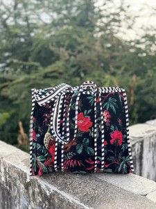 Handmade Quilted Floral Tote <b>Bag</b>: Velvet Reusable Market <b>Bags</b> | <b>Boho</b> Indian Block Print Shoulder <b>Bag</b> - Product Image 1