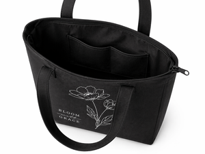 Sac fourre-tout en toile noire à motif floral avec fermeture éclair, design minimaliste pour le shopping toutes saisons - Product Image 4