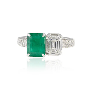 18K Yellow <b>Gold</b> Emerald Diamond Statement <b>Ring</b> for Women Resizable - Product Image 1