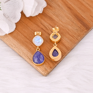 Brass Gold Plated <b>Drop</b> Tanzanite & <b>Rainbow</b> Moonstone Earrings Handmade Gemstone Jewelry for Women - Product Image 4
