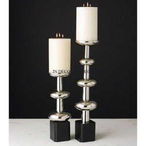 Luxurious Quality Metal Made Silver Shiny Polished Unique Designer Set Of 2 <b>Candle</b> Stick Holders With Black Marble Base Supplies - Product Image 1