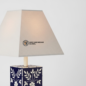 Handcrafted <b>Blue</b> Bone Inlay <b>Table</b> Lantern with Floral Design Luxury Square Decorative <b>Bedside</b> Lamp with Fabric Shade for Home - Product Image 2