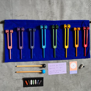 8 x Weighted <b>Chakra</b> Coloured Tuning Fork Gift <b>Set</b> Healing Hz Frequency Sound Therapy + <b>Crystal</b> Foot and Semi Precious Stones - Product Image 4