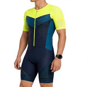 Combinaison de cyclisme pour homme, jaune fluo et bleu, aérodynamique, séchage rapide, compression modérée, extensible dans les 4 sens, manches courtes, fermeture éclair intégrale - Product Image 3