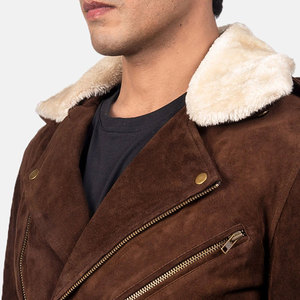 Veste moto en daim marron pour homme avec col en fausse fourrure, fermeture éclair, coupe ajustée, vêtements d'hiver - Product Image 5