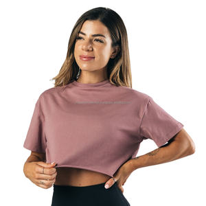 Top corto para mujer, Camiseta extragrande de algodón 100%, camiseta de manga corta de entrenamiento con logotipo personalizado, Top corto transfronterizo para mujer - Product Image 1