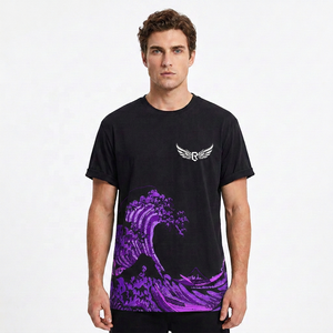 Men's Black <b>T</b>-<b>Shirt</b> With Great Wave Print Short Sleeve O-Neck Casual Jersey Cotton Regular Fit Breathable Design - Product Image 2