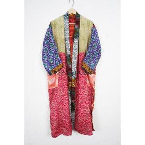 Kimono japonais pour femmes en soie indienne, patchwork, col en V, fermeture à cordon, longueur intégrale, manches trois-quarts, 100% soie douce - Product Image 6