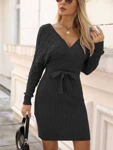 Vestidos de suéter de punto acanalado con cuello en V ancho, cintura alta y lazo frontal para mujer, estilo mini cruzado, venta al por mayor de fábrica de ropa, personalizados para otoño - Product Image 5