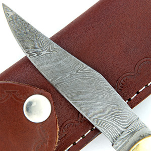 Cuchillo de bolsillo plegable de acero de Damasco hecho a mano con mango de madera y funda de cuero, cuchillos de supervivencia al por mayor, Pasha Enterprises - Product Image 5