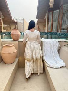 Cream Anarkali Gown Pantufla Dupatta Long Sleeve Party Dress Indian Pakistani Clothing - Product Image 4