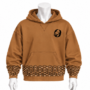 Sweat-shirt à capuche en molleton épais marron camel avec bordure brodée, ourlet et poignets décoratifs, poche kangourou, décontracté - Product Image 1