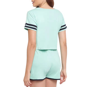 Womens 2 Piece Shorts <b>Set</b> Crop Top Short Sleeve Crew Neck Sporty Summer Outfit Mint Green - Product Image 2