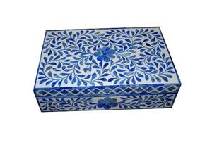 Moroccan Blue Floral Inlay <b>Hinged</b> Wooden Minimalist Jewelry <b>Box</b> with <b>Lid</b> Handcrafted Rectangular <b>Storage</b> Case - Product Image 1
