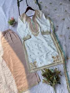 Élégant ensemble palazzo en crêpe de soie blanc avec broderie de sequins et dupatta en résille papillon – Idéal pour les fêtes et les occasions spéciales - Product Image 6