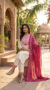 Women Straight Kurta Set with Embroidered Yoke Printed Dupatta Elegant Ethnic Suit Set with Designer Dupatta Festive Wear Kurti - Product Image 2