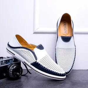 Chaussures décontractées pour hommes en cuir véritable, mocassins d'été respirants à enfiler, chaussures de conduite ajourées pour hommes - Product Image 4