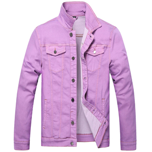 Men's Pink Denim Jacket <b>Stand</b> Collar Casual Cotton Slim Fit Spring Washed Single Breasted Regular Sleeve Solid Color - Product Image 4