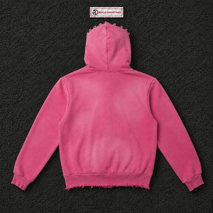เสื้อฮู้ดซิปสีชมพูขนาดใหญ่พิมพ์ลายดาวสีแดงขอบขาดสไตล์สตรีทแวร์ ยูนิเซ็กส์ ทรงหลวม ซิปเต็มตัว เสื้อฮู้ดสวมใส่สบาย - Product Image 6