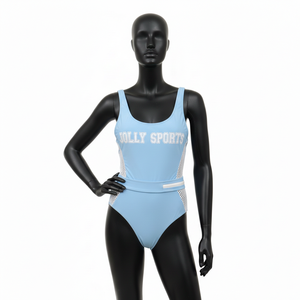 Traje de Baño Premium para Mujer en Nailon y Spandex GSM, Color Azul Claro, Paneles Laterales de Malla, Logotipo Personalizado por Transferencia Térmica - Product Image 6