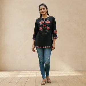 Blusa Túnica Negra para Mujer con Bordado Floral, Manga Tres Cuartos, Corte Holgado, Estilo Étnico Casual con Cuello Atado, para Uso Diario - Product Image 6