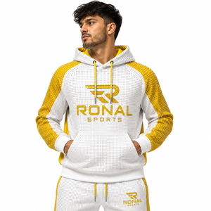 Sudadera con Capucha RONAL SPORTS para Hombre, Blanca y Amarilla, con Estampado Brillante, Tejida, Transpirable, Corte Deportivo, Largo Regular, Logotipo Frontal, para Otoño - Product Image 3