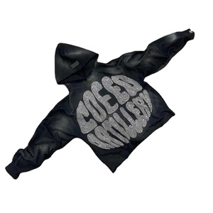 Streetwear Vintage surdimensionné en détresse délavé à l'acide coton 500 Gsm français éponge recadrée hommes strass sweats à capuche - Product Image 1