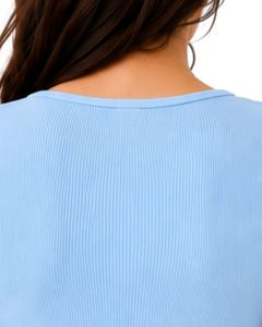 Haut court côtelé en maille pour femme, bleu ciel, à manches courtes, boutonné sur le devant, coupe ajustée, col carré, décontracté, en coton, pour l'été - Product Image 6