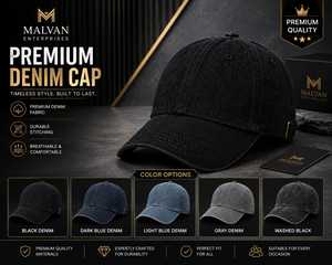 Gorra de Béisbol de Mezclilla de 6 Paneles MALVAN ENTERPRISES, Unisex, Ajustable, Estilo Casual, Color Negro Sólido, Lavada, 100% Algodón - Product Image 4