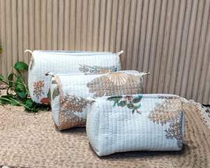 Cotton Quilted Cosmetic Pouch Set, 3-Piece Floral Makeup <b>Bag</b>,<b>Cream</b> Palm Toiletry Pouches (Set of 3) - Product Image 2