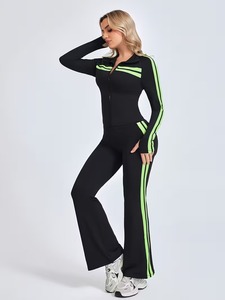 Womens Slim Fit <b>Zip</b> <b>Up</b> <b>Jacket</b> and Flared Pants Tracksuit Set | Two Piece Activewear Suit with Thumbholes & Stripe Print - Product Image 6