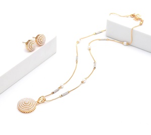 RAY FINE ORNATES Pendant <b>Set</b> Gold Plated <b>Pearl</b> Necklace Earrings Floral White <b>Pearl</b> Bridal Wedding <b>Jewelry</b> IGI Certified - Product Image 1