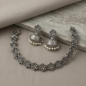 Floral <b>Choker</b> Necklace Jhumka Earrings Set Tibetan <b>Silver</b> Antique Finish Zircon Adjustable Length for Women's Wedding Party - Product Image 2
