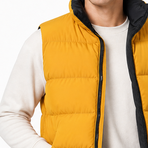 Gilet matelassé jaune moutarde pour homme avec col montant contrastant noir |   Veste d'hiver sans manches rembourrée |   Fermeture éclair intégrale - Product Image 3