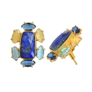 Boucles d'oreilles en laiton plaqué or avec lapis-lazuli, clous d'oreilles floraux imposants, lot en gros - Product Image 4