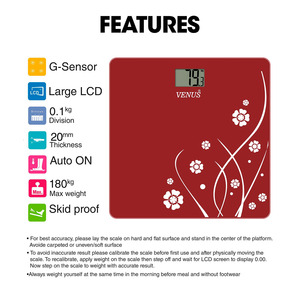 เครื่องชั่งน้ำหนักดิจิตอล Venus สีแดง กระจกนิรภัย หน้าจอ LCD กันลื่น วัดน้ำหนักได้แม่นยำ 0.1 กก. รูปทรงสี่เหลี่ยมผืนผ้า - Product Image 5