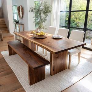 Juego de Mesa de Comedor de Madera de Teca Sólida, Mesa de Madera con Borde Natural y Banco, Muebles Modernos Rústicos para Comedor - Product Image 1