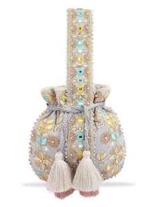 Lot en gros de sacs Potli cylindriques perlés Or Blanc Argent, pochettes à cordon pour mariage et mariée, collection de sacs à main pour soirées - Product Image 5