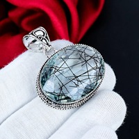 Pendentif en argent sterling 925 avec quartz rutilé noir ovale facetté, bijou artisanal en pierre précieuse, cadeau pour femmes et hommes