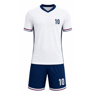 Conjunto de Camiseta de Fútbol Personalizada con Logotipo en Blanco y Azul Marino |   Conjunto de Fútbol Minimalista con Detalles Tricolor | Ropa Deportiva Sublimada Transpirable para Equipos - Product Image 1