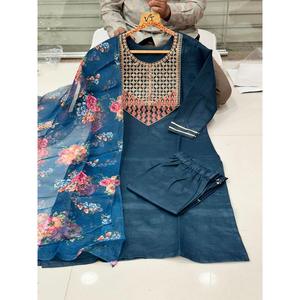 DISEÑADOR ORGANZA BORDADO SECUENCIA TRABAJO TOP BOTTOM CON IMPRESIÓN DIGITAL DUPATTA TEAL - Product Image 2